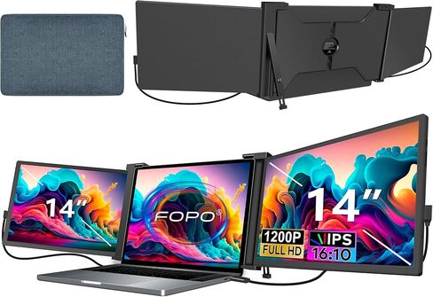 FOPO 14" Triple Laptop Screen Extender, FHD 1200P IPS Portable Monitor for 15-17.3" Laptop, Plug and Play Travel Laptop Monitor Extender Display for Win/MAC/Android, with HDMI/USB-C - S15 Black in Saudi Arabia