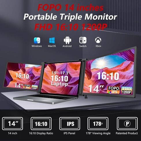 FOPO 14" Triple Laptop Screen Extender, FHD 1200P IPS Portable Monitor for 15-17.3" Laptop, Plug and Play Travel Laptop Monitor Extender Display for Win/MAC/Android, with HDMI/USB-C - S15 Black in Saudi Arabia