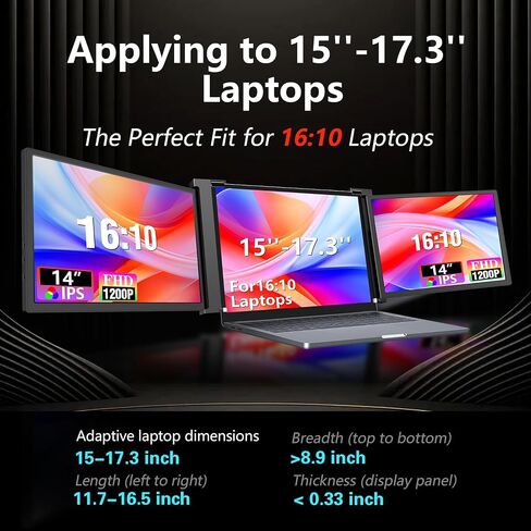 FOPO 14" Triple Laptop Screen Extender, FHD 1200P IPS Portable Monitor for 15-17.3" Laptop, Plug and Play Travel Laptop Monitor Extender Display for Win/MAC/Android, with HDMI/USB-C - S15 Black in Saudi Arabia