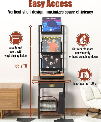 Record Player Stand with Vinyl Storage, Turntable Stand with Vinyl Record up to 200 Albums, Record Player Table, Record Player Cabinet Organizer Rack, with Vinyl Display Shelf for Living Room in Saudi Arabia