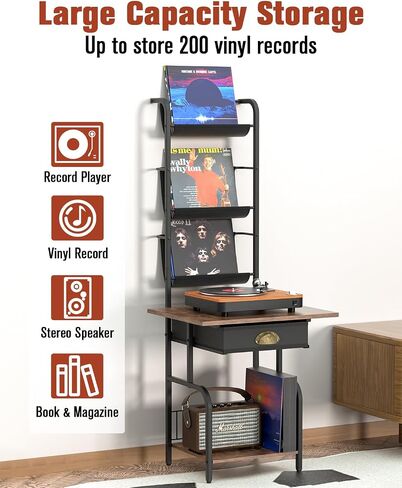 Record Player Stand with Vinyl Storage, Turntable Stand with Vinyl Record up to 200 Albums, Record Player Table, Record Player Cabinet Organizer Rack, with Vinyl Display Shelf for Living Room in Saudi Arabia