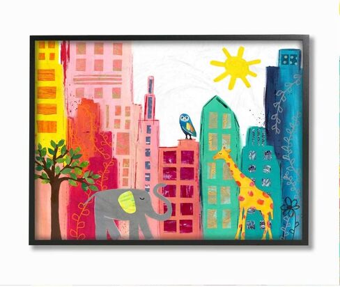 Stupell Industries Kid's Safari Animal City Scene Elephant Giraffe Owl, Designed by Jennifer McCully Art, 10x15, Wall Plaque in Saudi Arabia