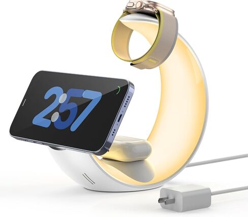 قاعدة شحن لاسلكية 3 في 1، حامل شاحن Magsafe للشحن السريع مع محطة شحن iPhone بإضاءة ليلية لسلسلة iPhone 12-15، وساعة Apple Watch 2-9/SE، وAirPods (يتضمن محول PD20W) in Saudi Arabia