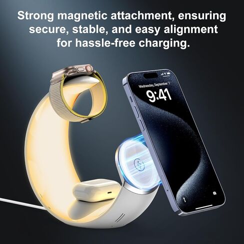 قاعدة شحن لاسلكية 3 في 1، حامل شاحن Magsafe للشحن السريع مع محطة شحن iPhone بإضاءة ليلية لسلسلة iPhone 12-15، وساعة Apple Watch 2-9/SE، وAirPods (يتضمن محول PD20W) in Saudi Arabia