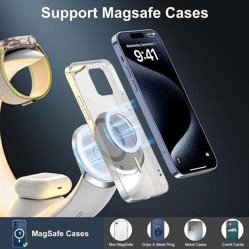 قاعدة شحن لاسلكية 3 في 1، حامل شاحن Magsafe للشحن السريع مع محطة شحن iPhone بإضاءة ليلية لسلسلة iPhone 12-15، وساعة Apple Watch 2-9/SE، وAirPods (يتضمن محول PD20W) in Saudi Arabia