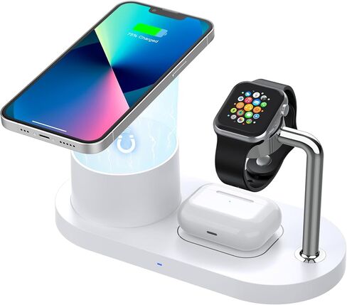 شاحن لاسلكي مغناطيسي 3 في 1 لهواتف iPhone، محطة شحن لأجهزة Apple المتعددة - حامل شاحن سريع 18 وات لهاتف iPhone 15 14 13 12، iwatch وAirpods، أبيض، CW330 in Saudi Arabia