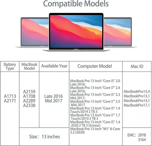 بطارية A1708 (5100 مللي أمبير) - مناسبة لاستبدال بطارية MacBook Pro 13 بوصة A1708 (أواخر 2016-2017)، بطارية A2159 (2019)، بطارية A2289 (2020)، استبدال بطارية A2338 (2020) in Kuwait