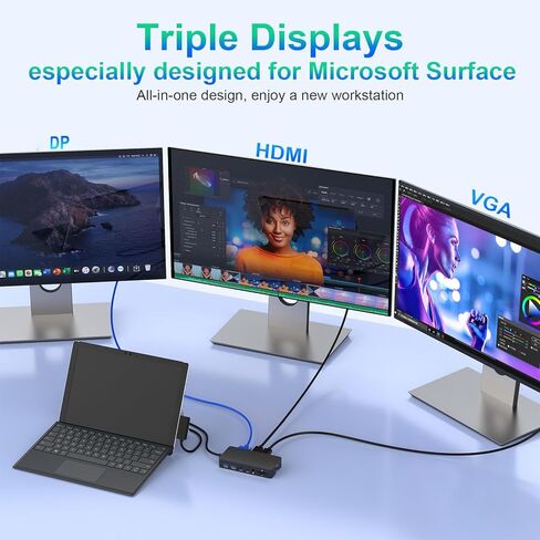 Microsoft USB C Surface Dock Triple Displays، قاعدة تركيب سطحية 12 في 1 مع 4K DP+HDMI+VGA لجهاز Surface Pro 10/9/8/X/7+/7، وSurface Laptop 6/5/4/3، وSurface Laptop Studio 2/1، سيرفس جو-USB C in Kuwait
