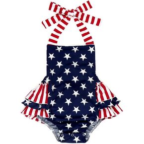 Baby Girl Infant Romper Dress Sleeveless Onesie Halter Outfit Jumpsuit Summer USA Flag Pattern Romper Beach Wear