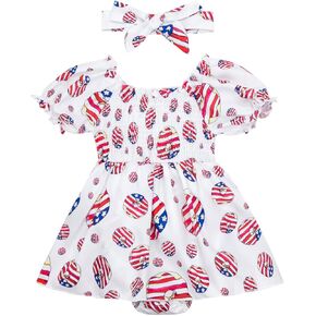 4th Of July Baby Girl Outfits Memorial Independence Day Stripes Stars Print Romper Headband Shoes 3PCS Clothes Set