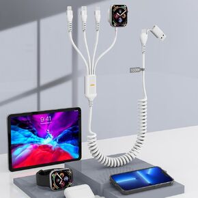 100W Retractable USB C Multi Charging Cable for iPhone 15 and Apple Watch Charger - 4 in 2 Short Fast Charging Travel Charger Cable Compatible with All iWatch iPhone Android MacBook iPad Galaxy S23