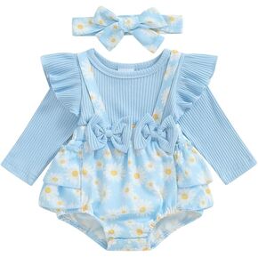 Baby Girl Outfit Floral Daisy Romper Newborn Dress Ruffle Infant Jumpsuit Dresses Cute Fall Clothes and Headband