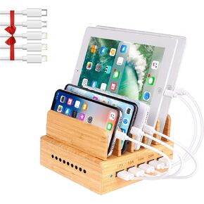 Bamboo Charging Station, Wood Charging Station for Multiple Devices with 5 Ports USB Charger Docking Station for iPhone, iPad,Tablet, and Android Cell Phone