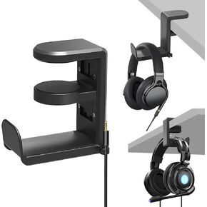 Headphone Holder Under Desk, Gaming Headset Headphone Hook Hanger Hook, Headphone Stand with 360-Degree Adjustable Rotating Arm Clamp- Built in Cable Clip Organizer-Black