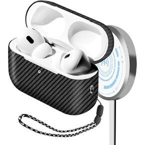 MONOCARBON Real Carbon Fiber Case for AirPods Pro 2nd Generation 2022 with Stripes Lanyard | Slim & Durable Cover for AirPods Pro 2 Accessories | Support Wireless Charging | Shock-Absorbing Protective