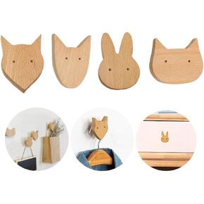4 Sets Wood Wall Coat Hooks,Door Clothes Pegs,Natural Cabinet Knobs Drawer Handles,Cute Animal Nursery Furniture Decor (Cute Animal)