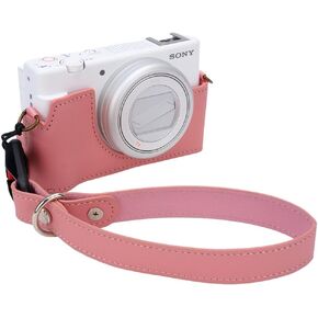 Case for Sony ZV-1F, ZV-1 II/ZV-1M2 Vlog Camera, Handmade Genuine Real Leather Half Camera Case Bag Cover for SonyZV-1F, ZV-1 II/ZV-1M2 Camera Bottom Opening Version + Hand Strap (Pink)