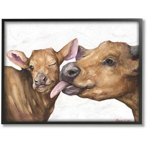 Stupell Industries Baby Cow Family Animal Watercolor Painting, Design by George Dyachenko, 16x20, Black Framed