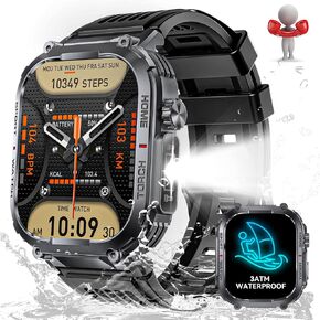 Military Smart Watch for Men with LED Flashlight 3ATM Waterproof 2.02" Big Screen Rugged Tactical Smartwatch with Call Compass Sports Fitness Tracker with Heart Rate Sleep Monitor for iPhone Android