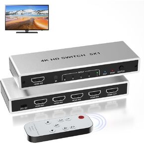 4K HDMI Switch 5 in 1 Out HDMI Splitter - 5 Port HDMI Switch Aluminum HDMI 2.0 Switch with Remote, HDR, Dolby, HDCP 2.2 CEC VRR, for PS4/PS3, Xbox, Apple TV