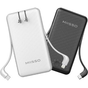 miisso Ultra Slim 10000mAh Power Bank Built-in Cables and AC Wall Plug, Pocket Size USB C Portable Charger, External Battery Pack Compatible with iPhone Samsung iPad etc, Black
