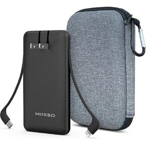 miisso Ultra Slim 10000mAh Power Bank كابلات مدمجة ومقبس حائط تيار متردد، شاحن محمول USB C بحجم الجيب، حزمة بطارية خارجية متوافقة مع iPhone Samsung iPad وما إلى ذلك، أسود in Saudi Arabia
