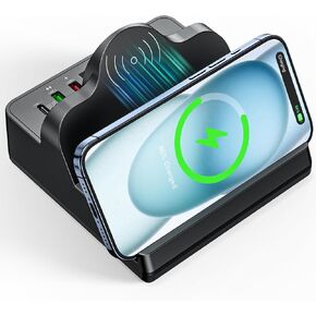 WU-MINGLU Charging Station for Multiple Devices 8 Ports 80W Wireless Phone Charger Stand Dock QC 3.0/PD20W USB-C LCD Display Nightstand Compatible with Cellphone, Smart Watch, iPhone, iPad More