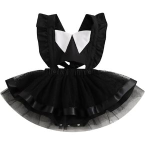 Muasaaluxi Toddler Baby Girl Halloween Outfit Black Triangle Collar Romper Dress Tulle Backless Bodysuit Shirts 0-24M