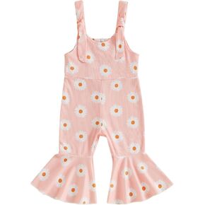 Infant Toddler Baby Girl Romper Jumpsuit Sleeveless Halter Daisy Print One Piece Outfit Bell Bottom Summer Overalls