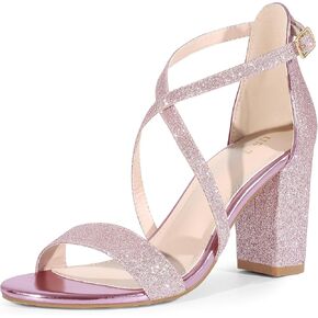 Perphy Glitter Sparkly Heels Crisscross Strap Chunky Heel Dress Shoes Sandals for Women