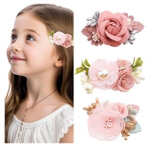 3pc Flower Hair Clip Set,Pink Flower Hair Clip,Flower Hair,Rose Hair Clip,Floral Hair Accessories Gifts For Babies,Toddlers And Teen Girls