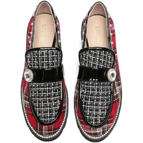 Women's Plaid Lug Sole Penny Loafers,Ladies Sparkly Rhinestones Pearl Trendy Low Heel Slip on Dressy Holiday Shoe Round Toe Comfort Party Evening Glitter Memory Foam Shoe