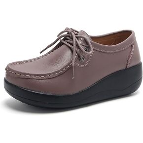 Women's Leather Lace up Slip On Platform Loafers,Comfortable Arch Support Round Toe Wedge Moccasins Non-Slip Increase Height Nurse Work Shoes