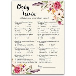 BOHEMIAN Baby Shower Game — BOHO BABY TRIVIA Game — Pack of 25 — Fun Baby Facts Game, GIRL Baby Shower Game, Bohemian Pink Floral Baby Shower Activity, Trivia Girl Baby Shower Game, SKU G400-TRV