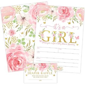 Your Main Event Prints It's a Girl Floral Butterfly Baby Shower Invitation, Pink and Gold Flowers Sprinkle Invites with Diaper Raffle Ticket Cards