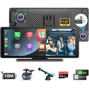 Jansite 10.26" Apple Carplay & Android Auto Dual Bluetooth Car Play Screen for Car with 2.5K Dash Cam Wireless Carplay HD Touchscreen Car Radio Waterproof Backup Camera Mirror Link AUX FM 64G SD Card