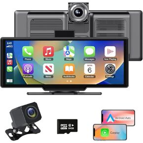 شاشة Apple Carplay لاسلكية محمولة للسيارة، شاشة Android Auto مقاس 10.26 بوصة وكاميرا داش للسيارة، ستيريو سيارة مزدوج Din، Apple Car Play مع كاميرا احتياطية، ملاح GPS بلوتوث لشاشة تعمل باللمس للسيارة