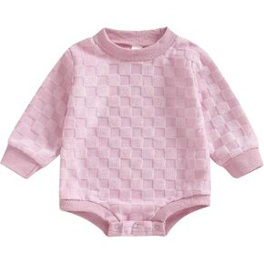 FYBITBO Fall Baby Girls Clothes Newborn Fleece Checker Romper Bubble Oversized Sweater Bodysuit Infant Outfits Cute Clothing