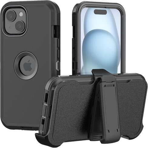 Phone Case for iPhone 15 Case: Heavy Duty Shockproof Armor Protector Case Cover with Belt Clip Holster for Apple iPhone 15 6.1 Phone Case (Black) in Saudi Arabia