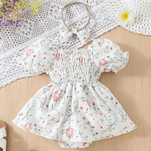ملابس الفتيات حديثي الولادة بأكمام منتفخة ونيسيي للفتيات رومبير فستان زهري بذلة ملابس صيفية للأطفال الرضع in Kuwait