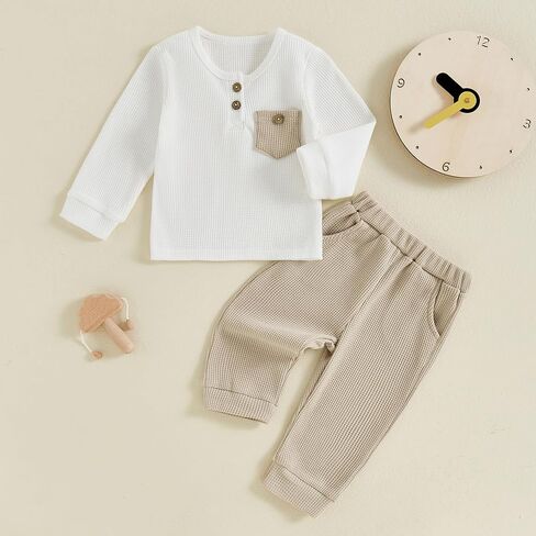 Thorn Tree Toddler Boys Clothes Button Crewneck Pullover Sweatshirt Solid Pants 2Pcs Little Kids Outfits Fall Winter Set in Saudi Arabia
