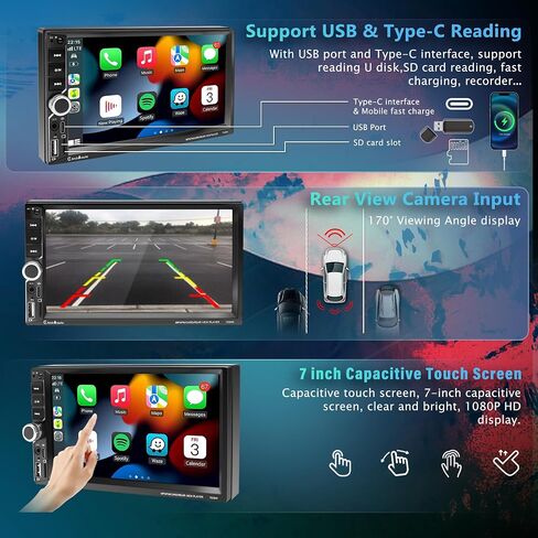 7inch Double Din Car Stereo Touchscreen Multimedia Car Audio Support Wireless Apple Carplay & Android auto,Bluetooth,FM/MP3/MP4/USB,Aux Input Car Audio Receivers with Backup Camera in Saudi Arabia