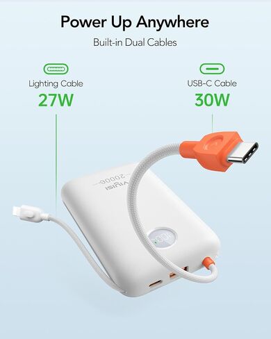 Power Bank 20000mAh 30W Fast Charging Portable Charger with Built-in Cables & LED Display, USB C Battery Pack for iPhone, Samsung, iPad and Android Phones, Ideal for Travel -White in Saudi Arabia