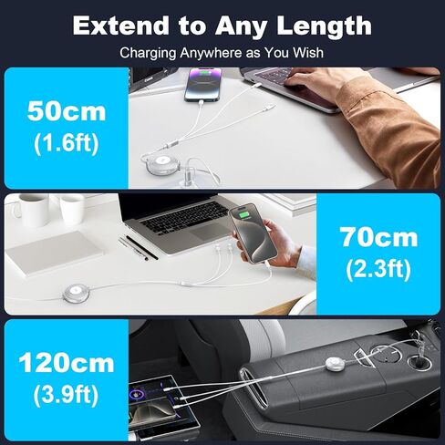 كابل شحن متعدد قابل للسحب 100 واط، شاحن iPhone قابل للسحب 6 في 1، شحن سريع 100 واط USB-C/A إلى Lightning/USB-C/كابل USB-C صغير قابل للسحب لهاتف iPhone 15 14/iPad Pro 2024/Samsung، بطول 4 أقدام in Kuwait