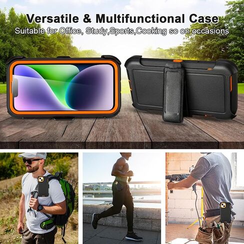 for iPhone 14 plus Case with Clip Belt Holster, Heavy Duty Military Grade Drop Protective Case for iPhone 14 plus Cover 6.7"(Black+Orange) in Saudi Arabia
