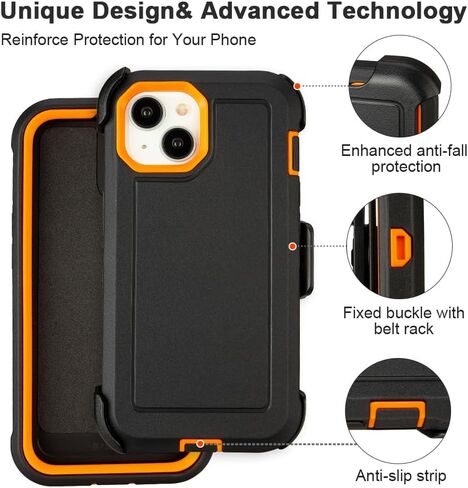 for iPhone 14 plus Case with Clip Belt Holster, Heavy Duty Military Grade Drop Protective Case for iPhone 14 plus Cover 6.7"(Black+Orange) in Saudi Arabia
