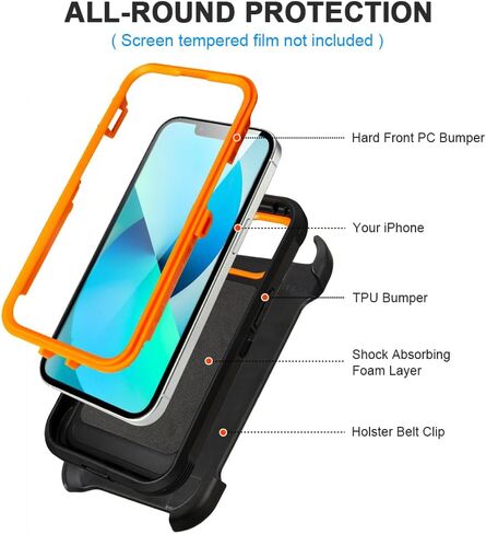 for iPhone 14 plus Case with Clip Belt Holster, Heavy Duty Military Grade Drop Protective Case for iPhone 14 plus Cover 6.7"(Black+Orange) in Saudi Arabia