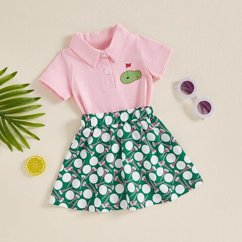 FIOMVA Toddler Baby Girl Golf Outfits,Lapel Golf Shirt+Golf Skirt Set Golf Clothes Hole in One Golf Birthday Clothing Summer in Saudi Arabia