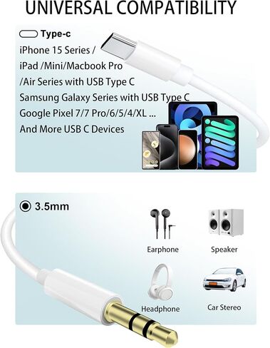 كابل مقبس سماعة رأس USB من النوع C إلى 3.5 ملم، 2 حزمة AUX إلى USB C لسلك ستيريو مكبر صوت السيارة متوافق مع iPhone 15 Pro Max، S23 S22 Ultra، iPad Pro/Air، Pixel 5 XL، 3.3 قدم in Kuwait