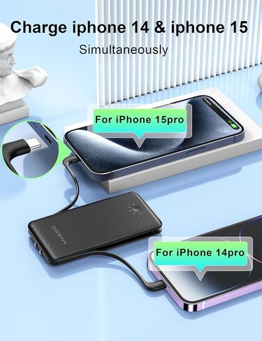 Ultra Slim 10000mAh Power Bank, Built-in Cables and AC Wall Plug, Black in Saudi Arabia